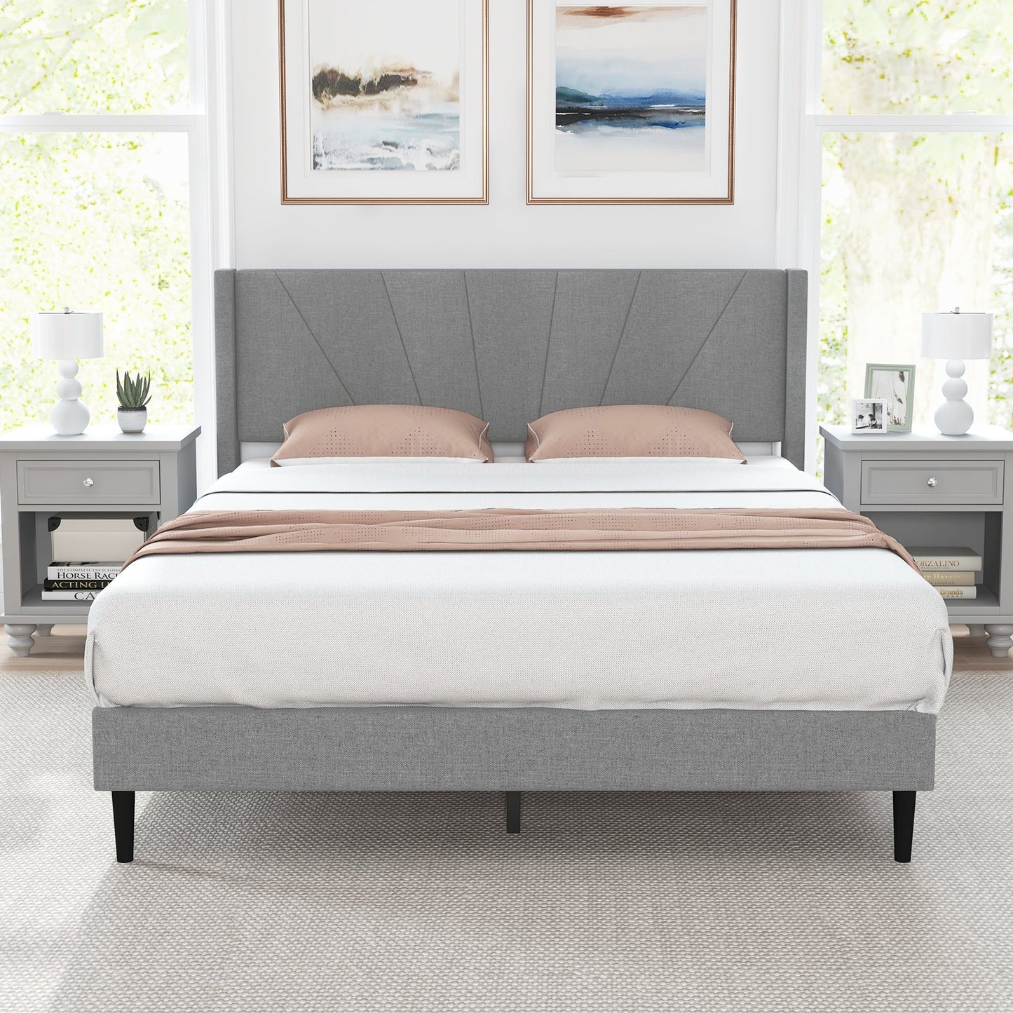 Twin/Queen Bed Frame with Linen Upholstered Wingback Headboard-Queen Size, Gray