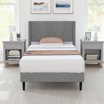 Twin/Queen Bed Frame with Linen Upholstered Wingback Headboard-Twin Size, Gray