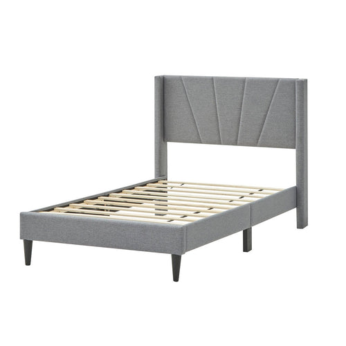 Twin/Queen Bed Frame with Linen Upholstered Wingback Headboard-Twin Size, Gray