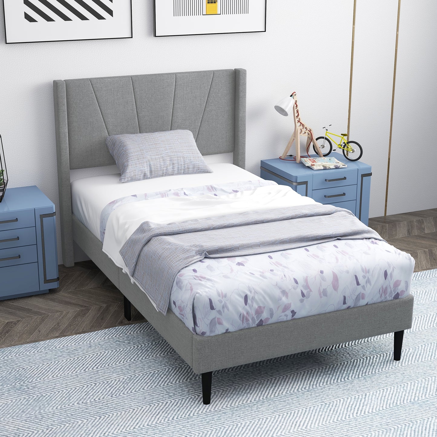 Twin Bed Frame With Linen Upholstered Wingback Headboard, Twin Size, Gray Simple Bed Frame at Gallery Canada
