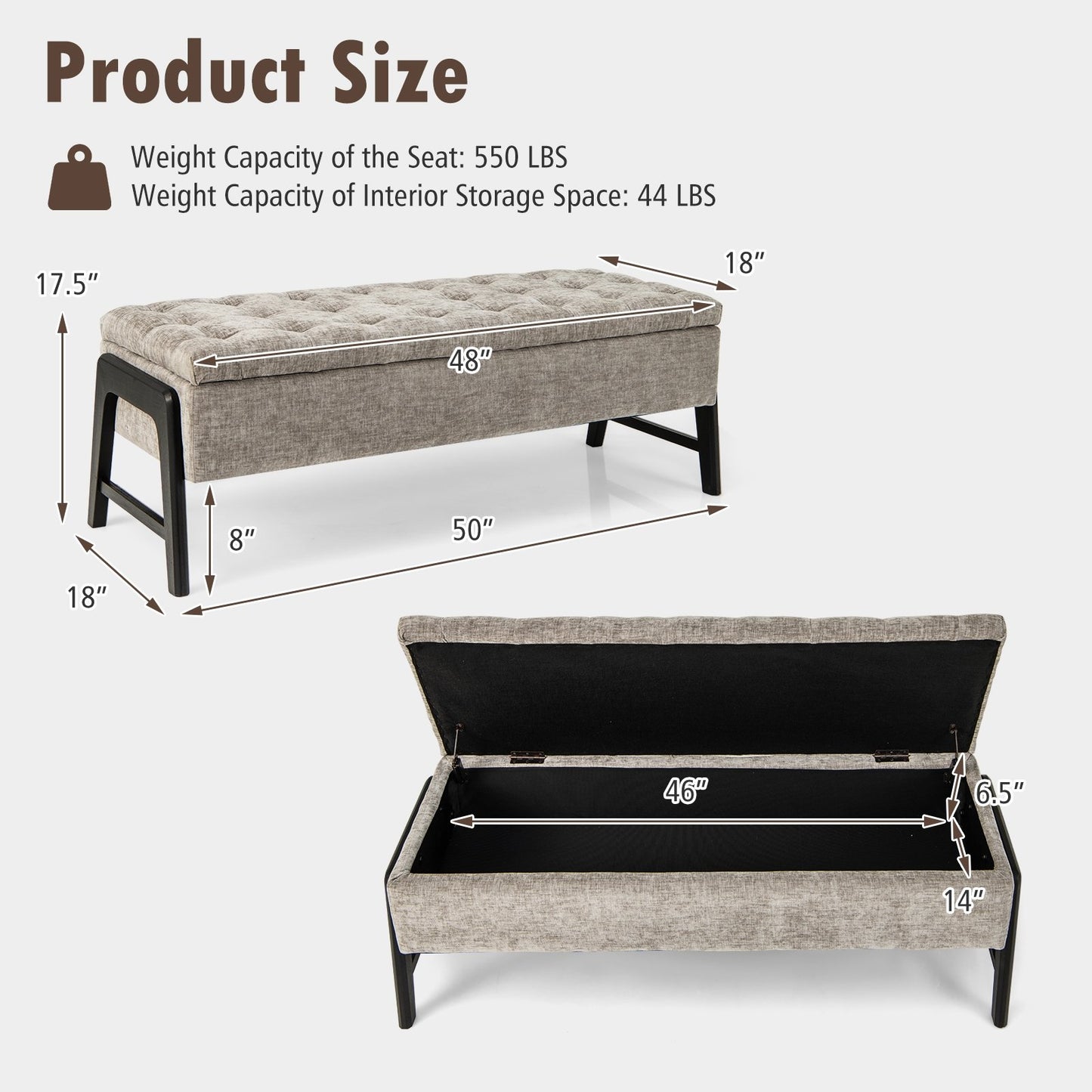 Modern Chenille Storage Bench with Solid Rubber Wood Legs, Gray