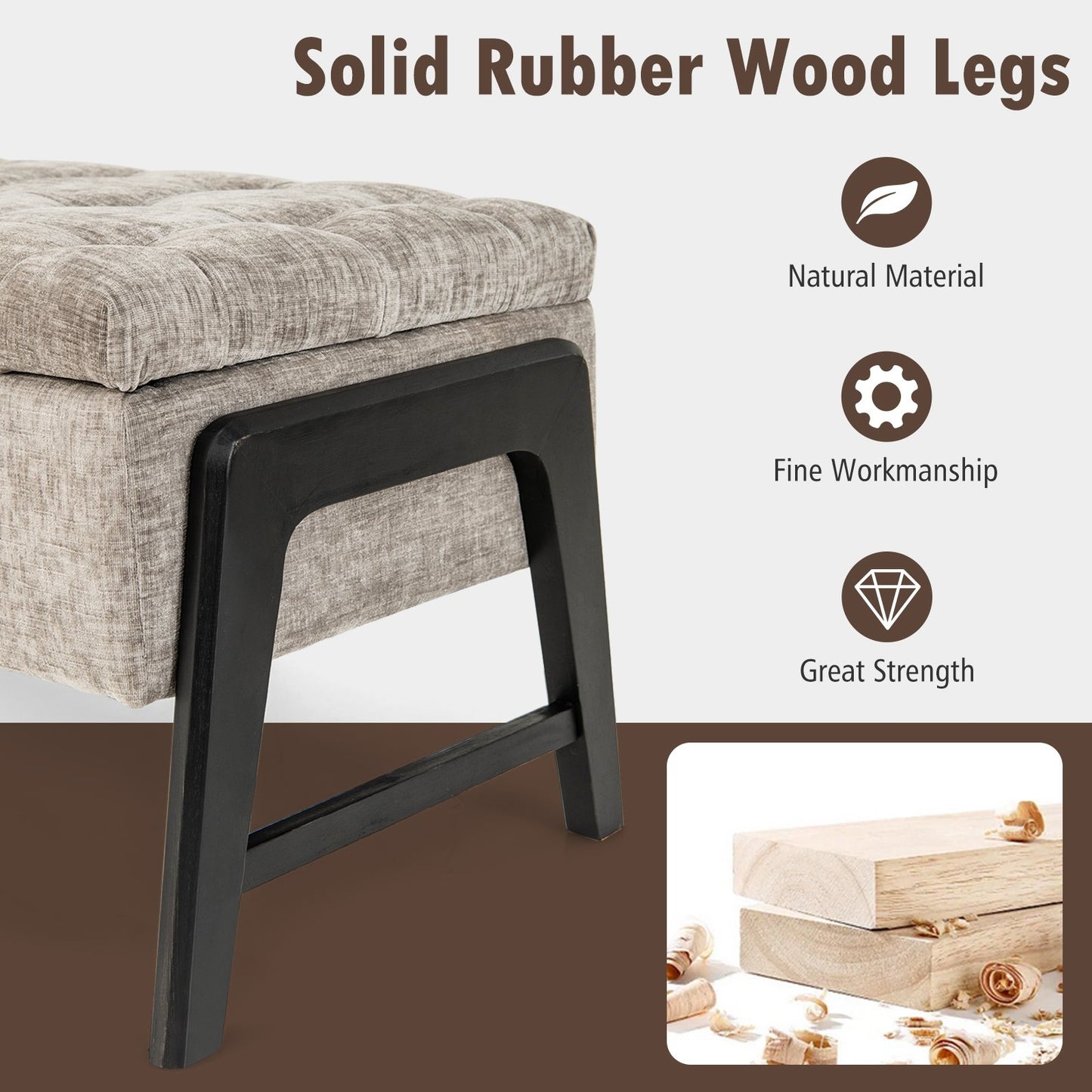 Modern Chenille Storage Bench with Solid Rubber Wood Legs, Gray