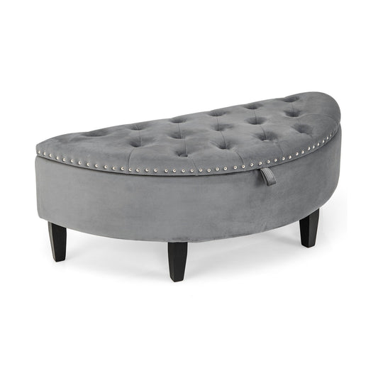 Half Moon Storage Bench with Rubber Wood Legs, Gray