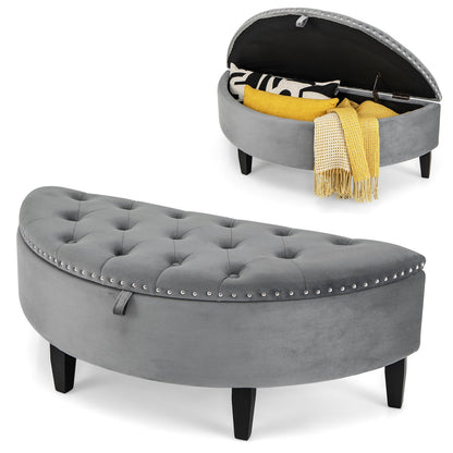 Half Moon Storage Bench with Rubber Wood Legs, Gray