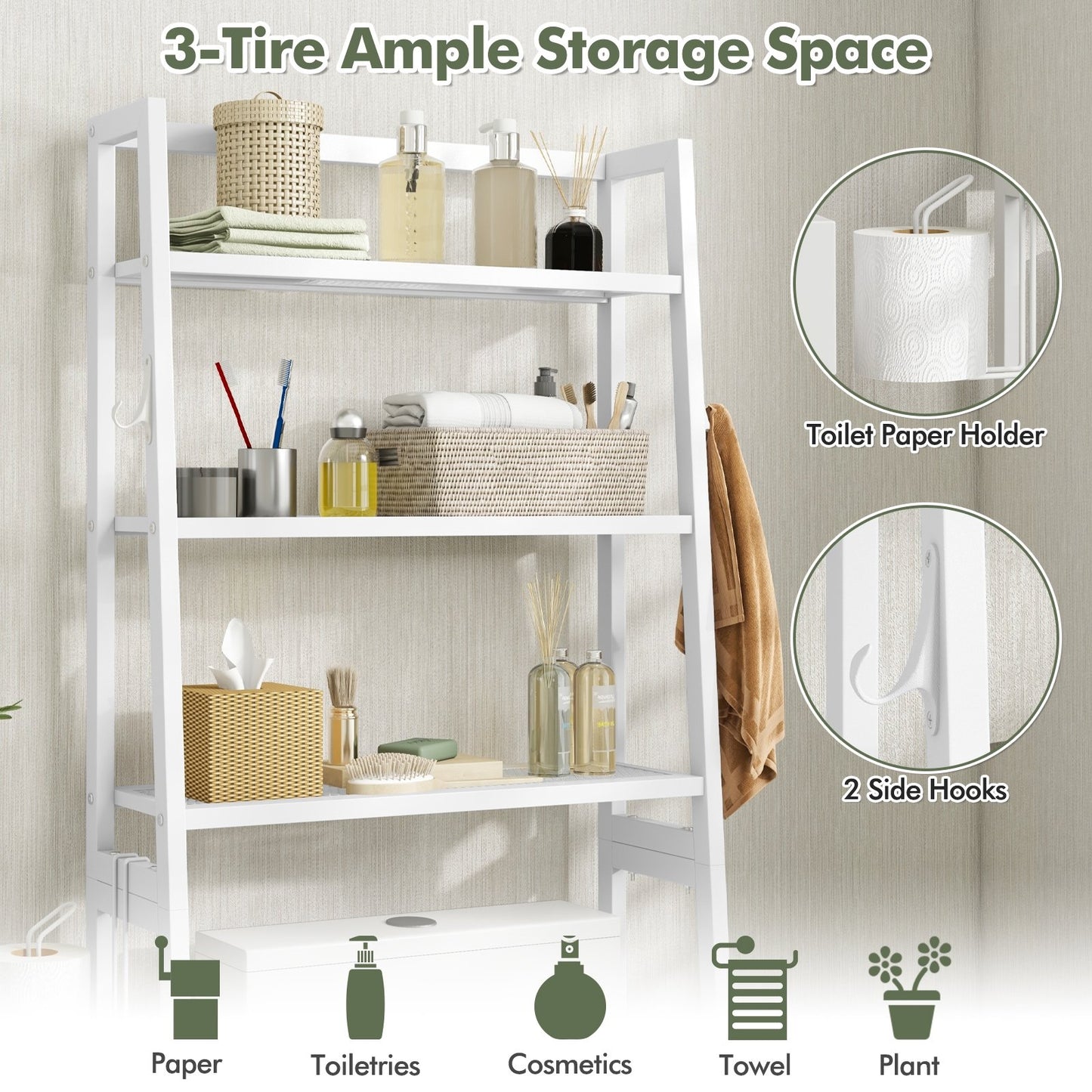 3-Tier Over The Toilet Storage Shelf with Adjustable Bottom Bar, White