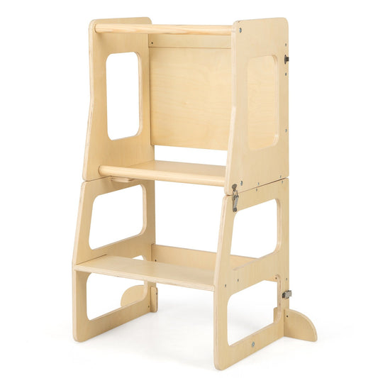 3-in-1 Foldable Kitchen Standing Tower for Toddlers with Chalkboard, Natural