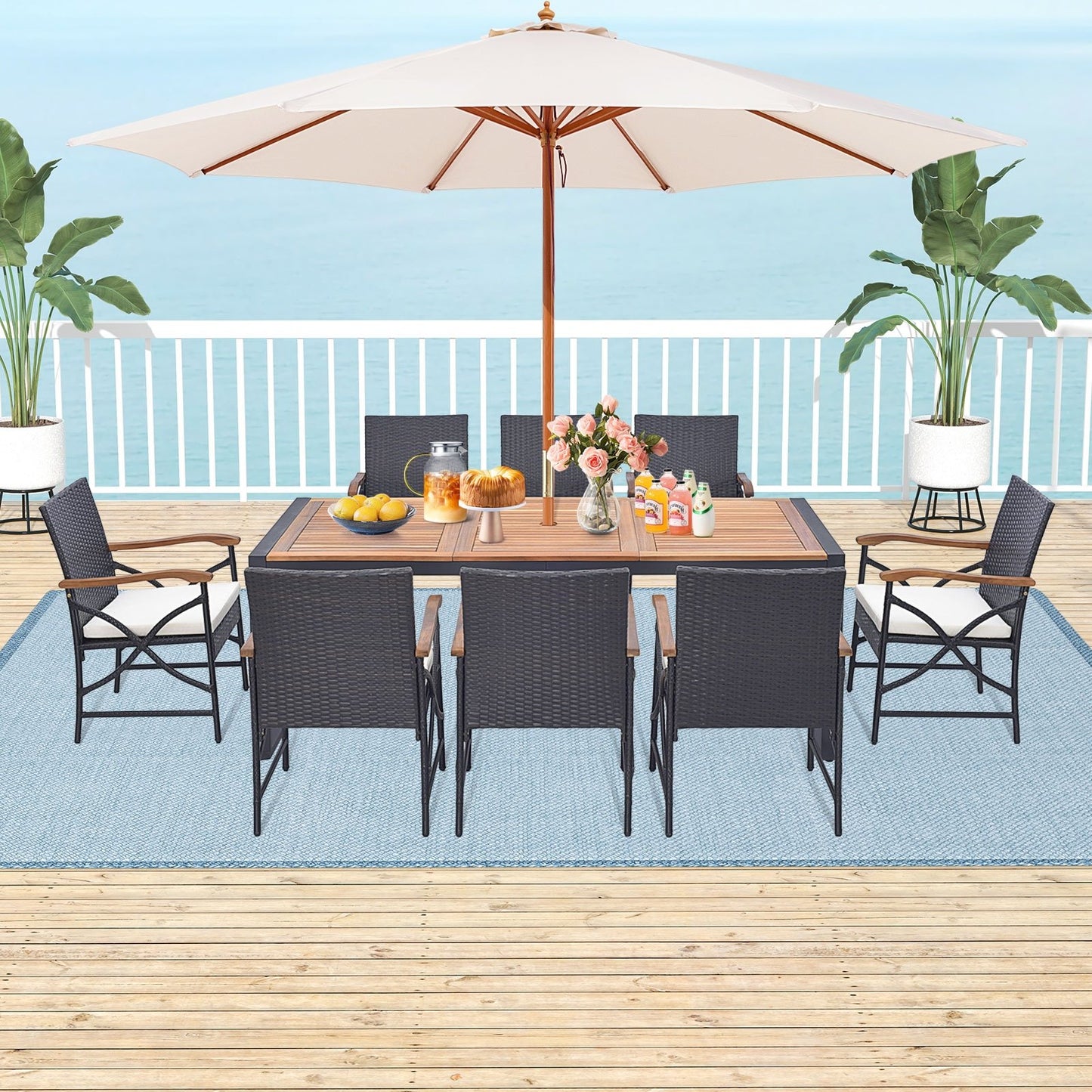 9 Pieces  Patio Rattan Dining Set with Acacia Wood Table for Backyard  Garden-X-side Handrail