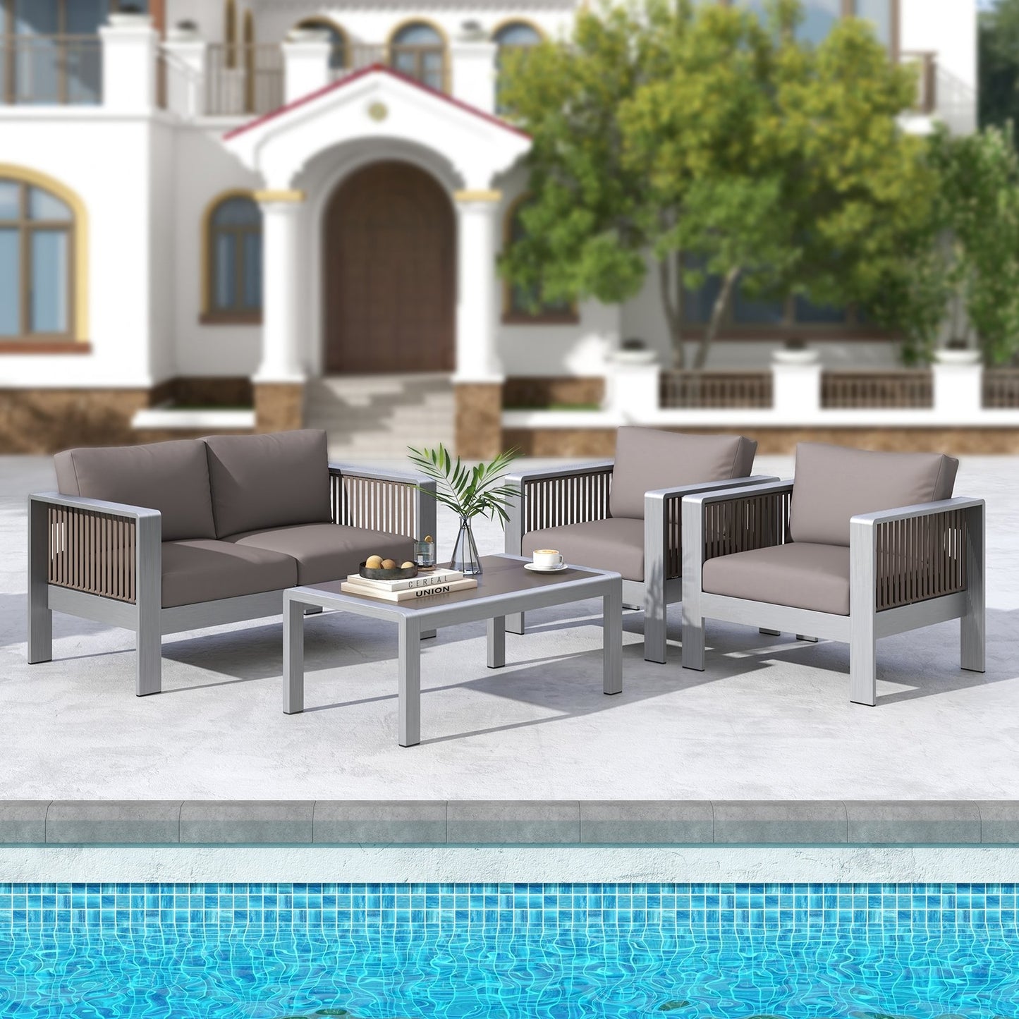 Patio Aluminum Loveseat Sofa Outdoor Furniture Set with Thick Back and Seat Cushions, Gray