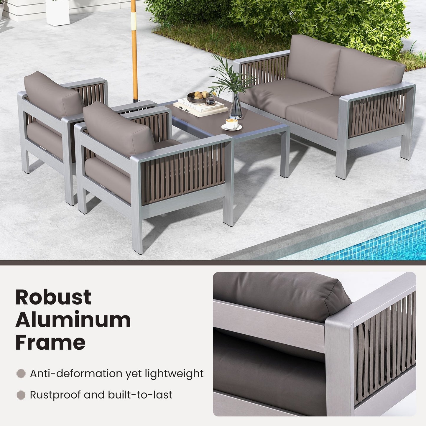 Patio Aluminum Loveseat Sofa Outdoor Furniture Set with Thick Back and Seat Cushions, Gray
