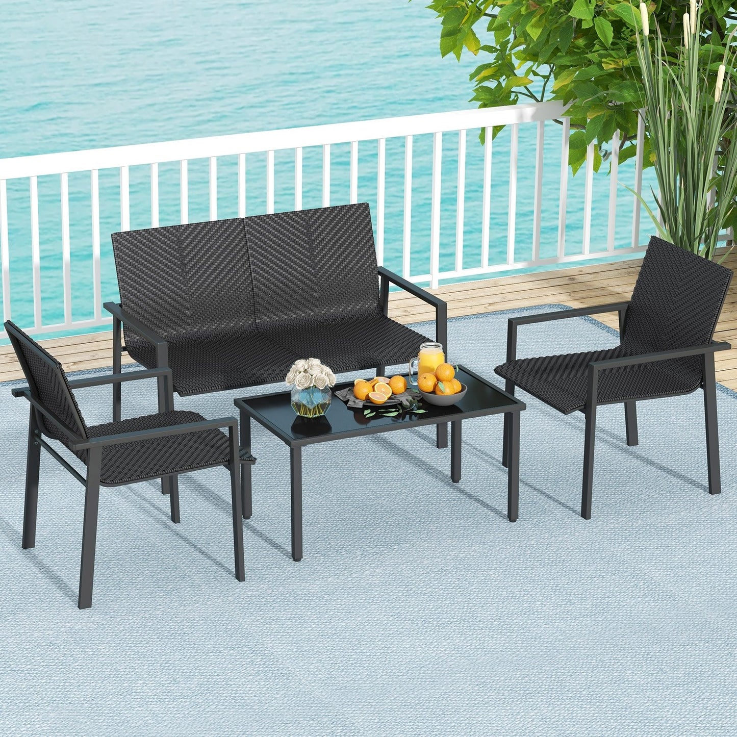 4 Pieces Patio Furniture Set with Heavy Duty Galvanized Metal Frame, Black