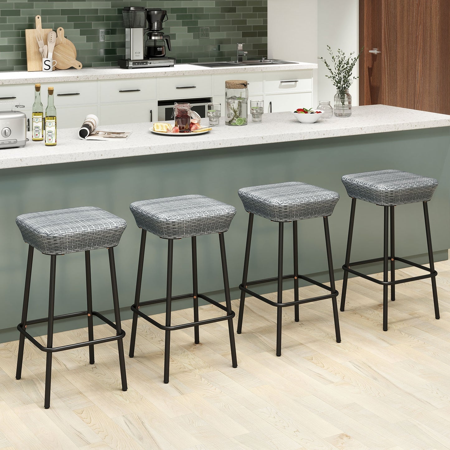 29.5 Inches Bar Stools Set of 2, Rattan Seat, Gray