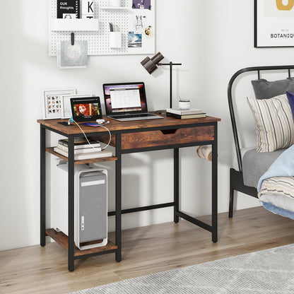 Computer Desk with Charging Station and Drawer & Adjustable Shelf, Rustic Brown