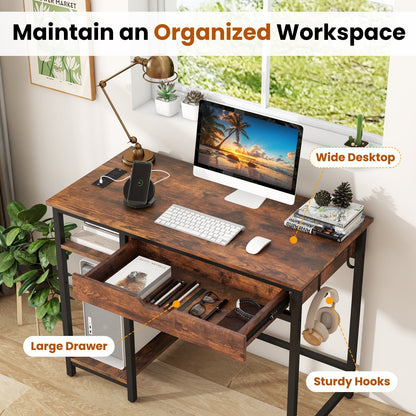 Computer Desk with Charging Station and Drawer & Adjustable Shelf, Rustic Brown
