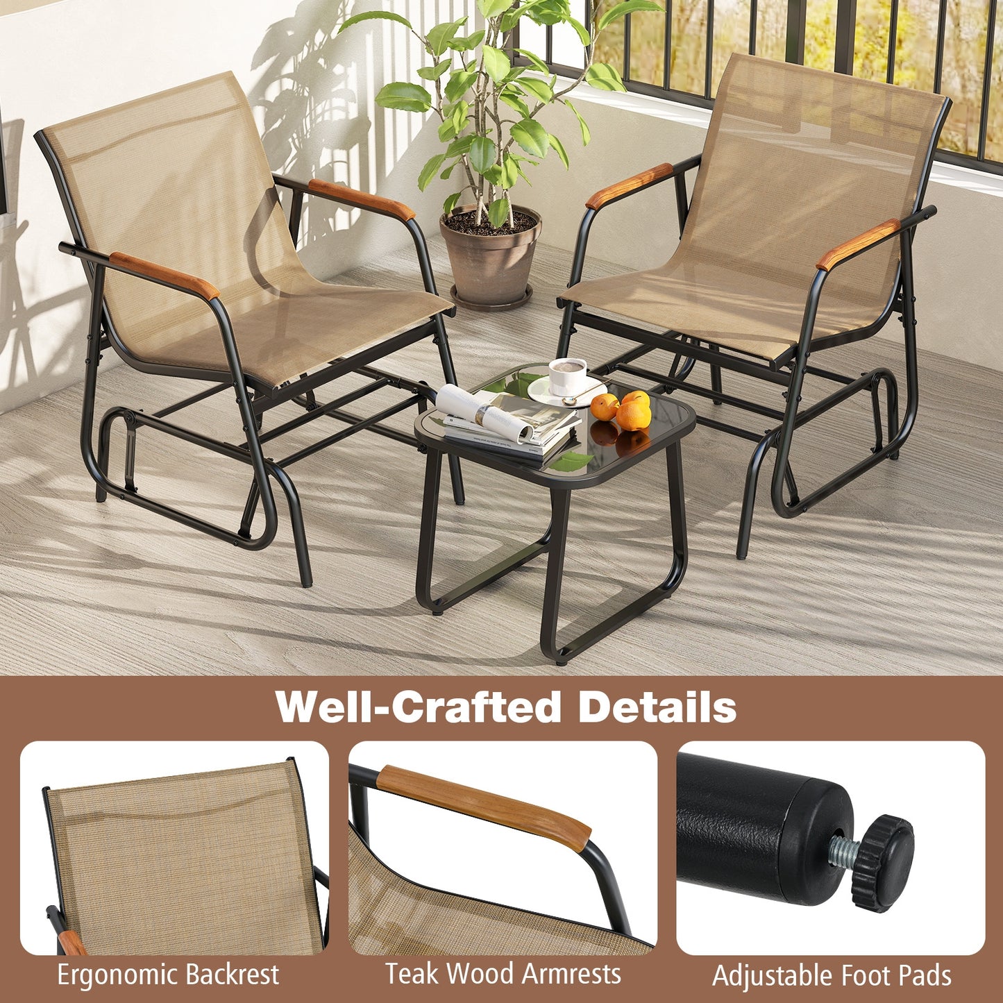 3-Piece Outdoor Glider Bistro Set, Tempered Glass Top, Metal Frame, Coffee