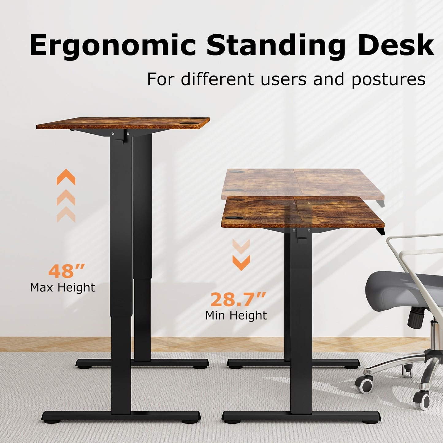 Electric Standing Desk with 3 Memory Height Settings and 2 Hanging Hooks & Cable Management, Rustic Brown Standing Desks at Gallery Canada