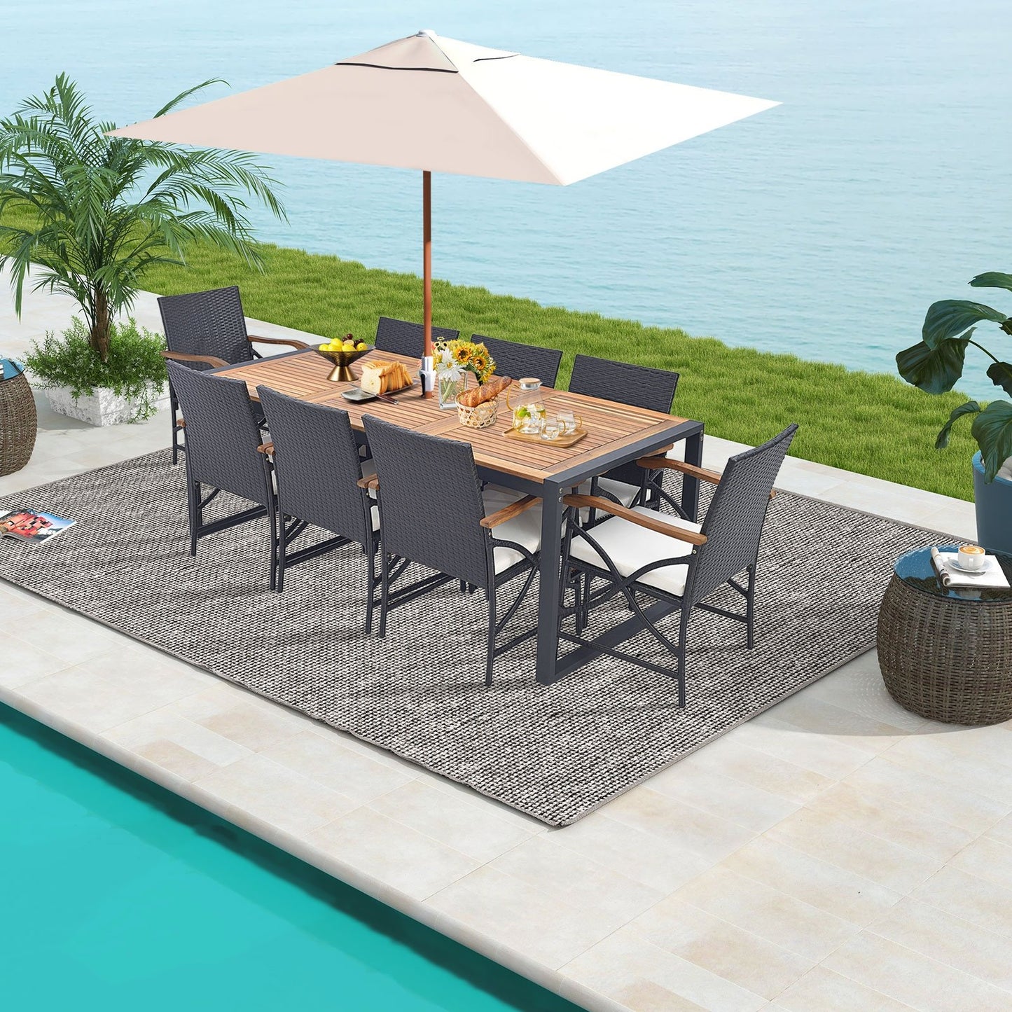 9 Pieces  Patio Rattan Dining Set with Acacia Wood Table for Backyard  Garden-X-side Handrail