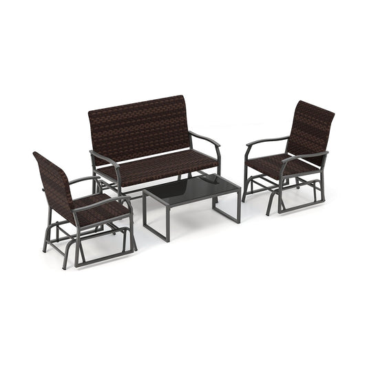4 Piece Patio Gliding Set Wicker Swing Glider Furniture Set witrh Tempered Glass Coffee Table, Brown