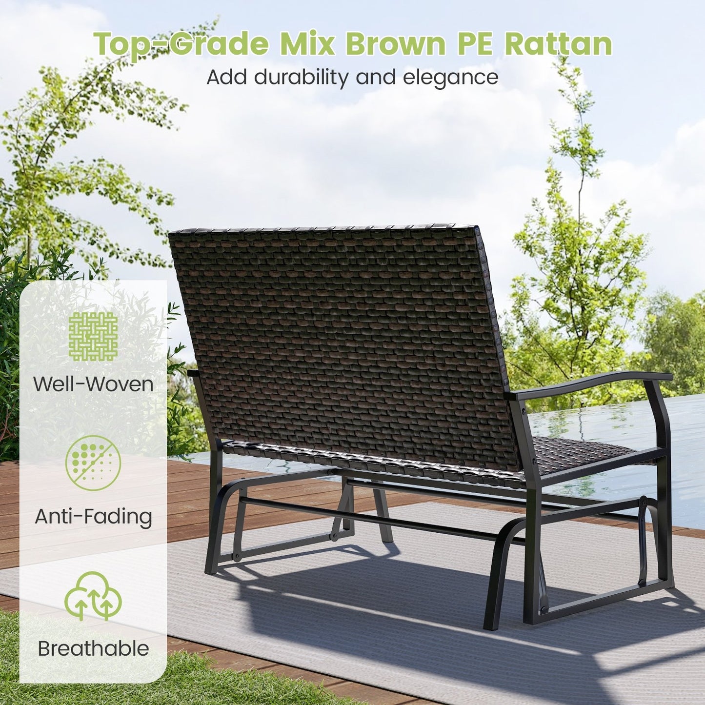 Outdoor 2-Person Swing Glider Bench with Quick Dry Foam Seat, Brown
