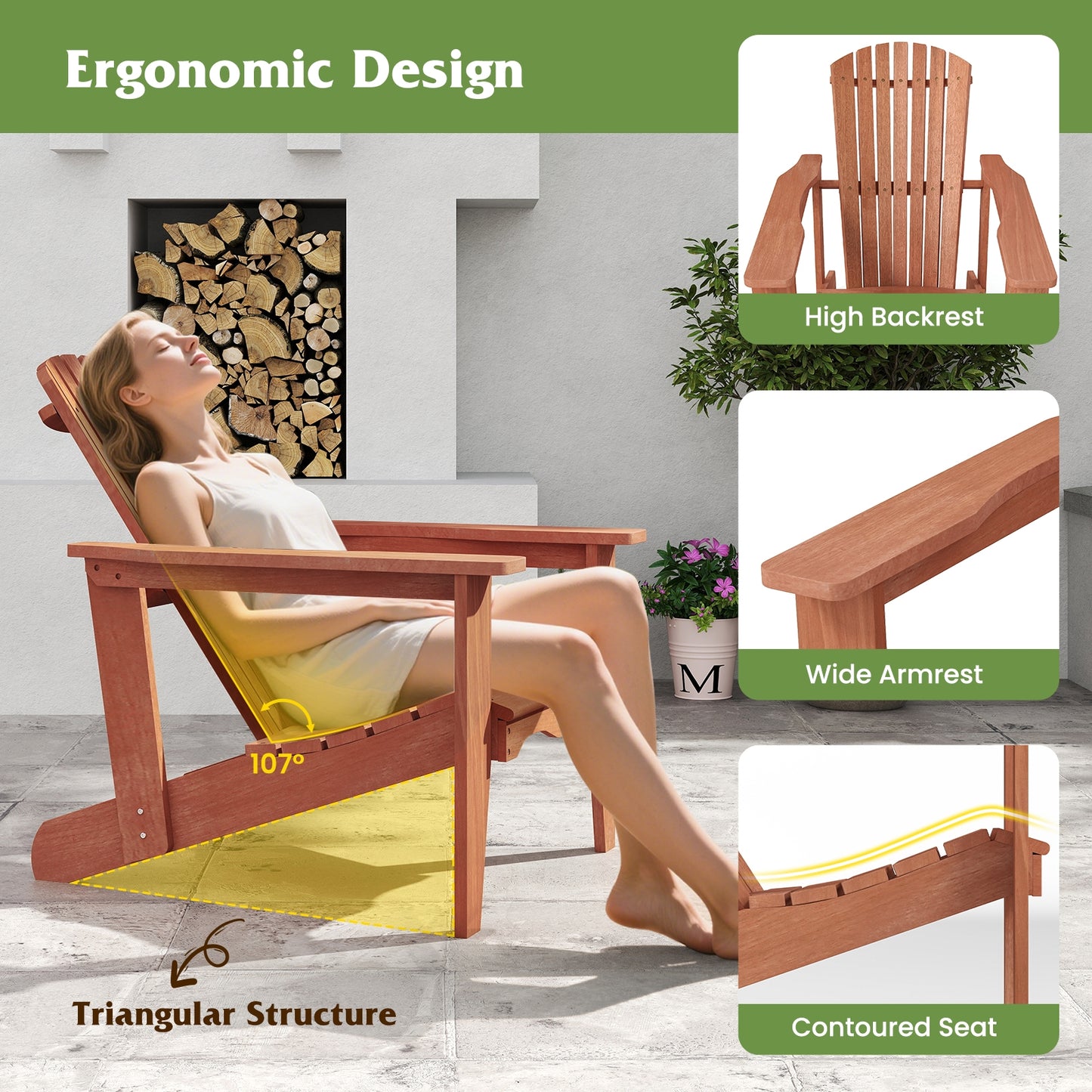 Solid Wood Adirondack Chair, High Backrest, Wide Armrests, Natural