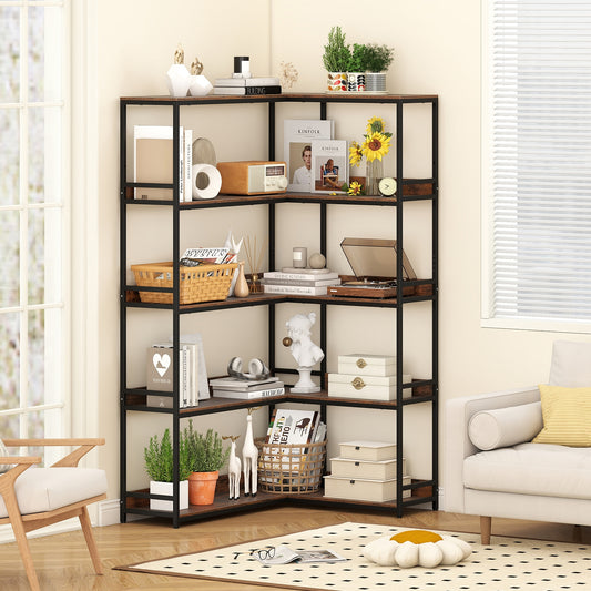Corner Bookshelf 5-Tier L-Shaped Bookcase Etagere Bookshelf with Metal Frame, Rustic Brown Bookcases Rustic Brown at Gallery Canada