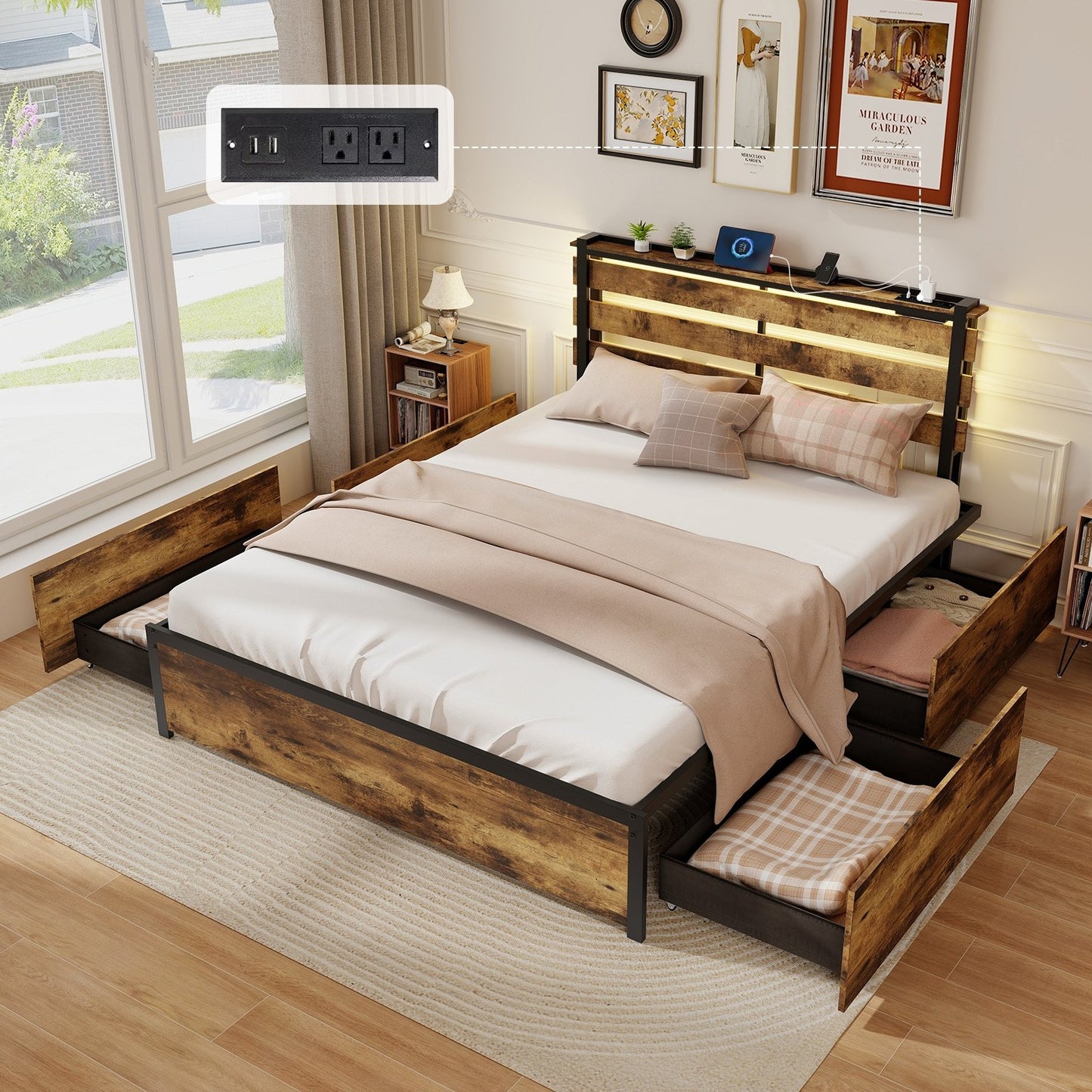 Full/Queen/Twin Size Bed Frame with Drawers LED Lights and USB Ports-Queen Size, Rustic Brown