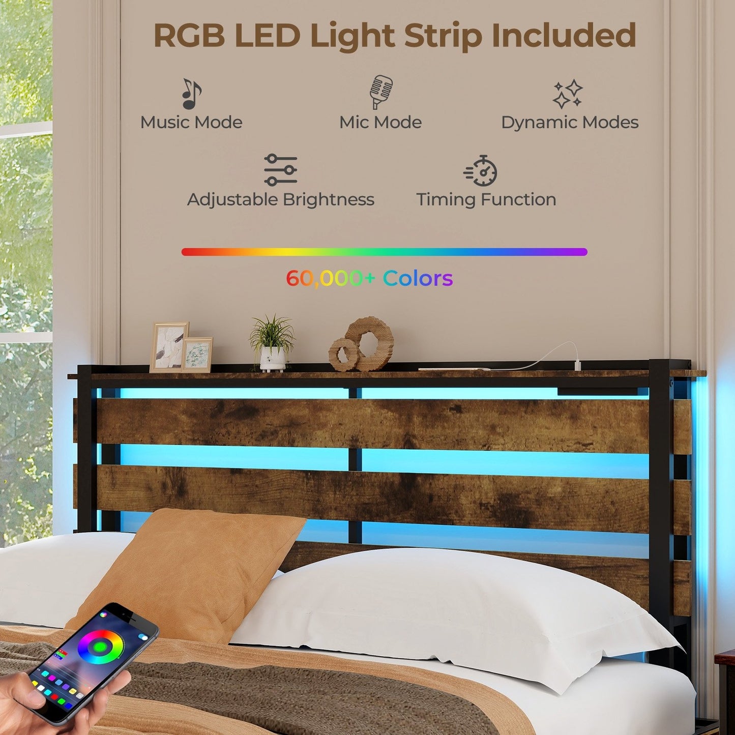 Full/Queen/Twin Size Bed Frame with Drawers LED Lights and USB Ports-Queen Size, Rustic Brown