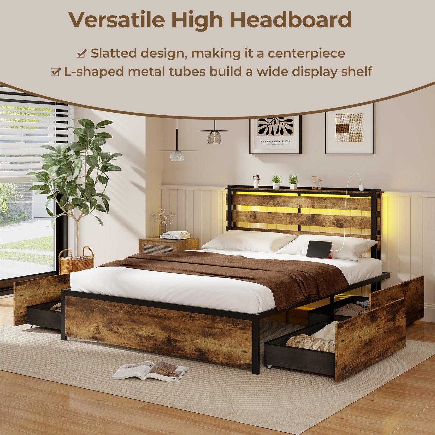 Queen Size Bed Frame With Drawers, LED Lights, USB Ports, Rustic Brown Simple Bed Frame at Gallery Canada