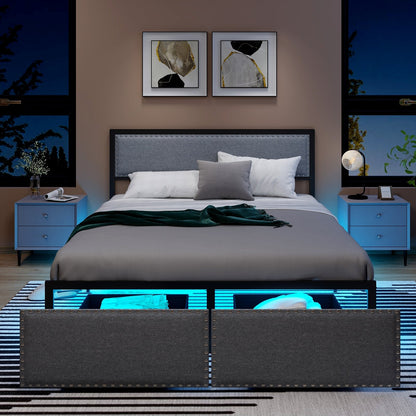 Full/Queen/Twin Size Bed Frame with LED Lights Drawer and Metal Slats-Queen Size, Gray