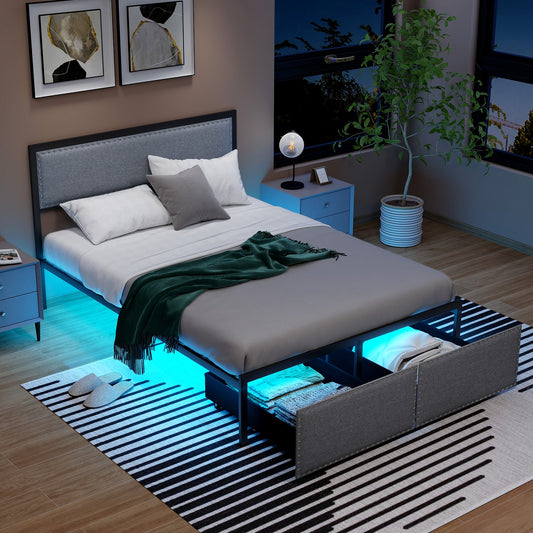 Full Size Bed Frame With LED Lights, Drawer, Metal Slats, Gray