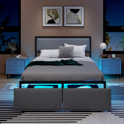 Full/Queen/Twin Size Bed Frame with LED Lights Drawer and Metal Slats-Full Size, Gray