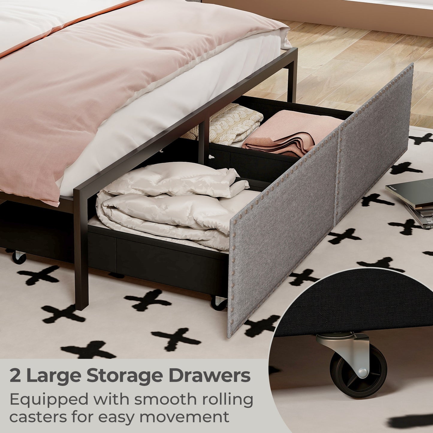 Queen Size Bed Frame With LED Lights, Drawer, Gray Simple Bed Frame at Gallery Canada