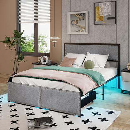 Full/Queen/Twin Size Bed Frame with LED Lights Drawer and Metal Slats-Full Size, Gray