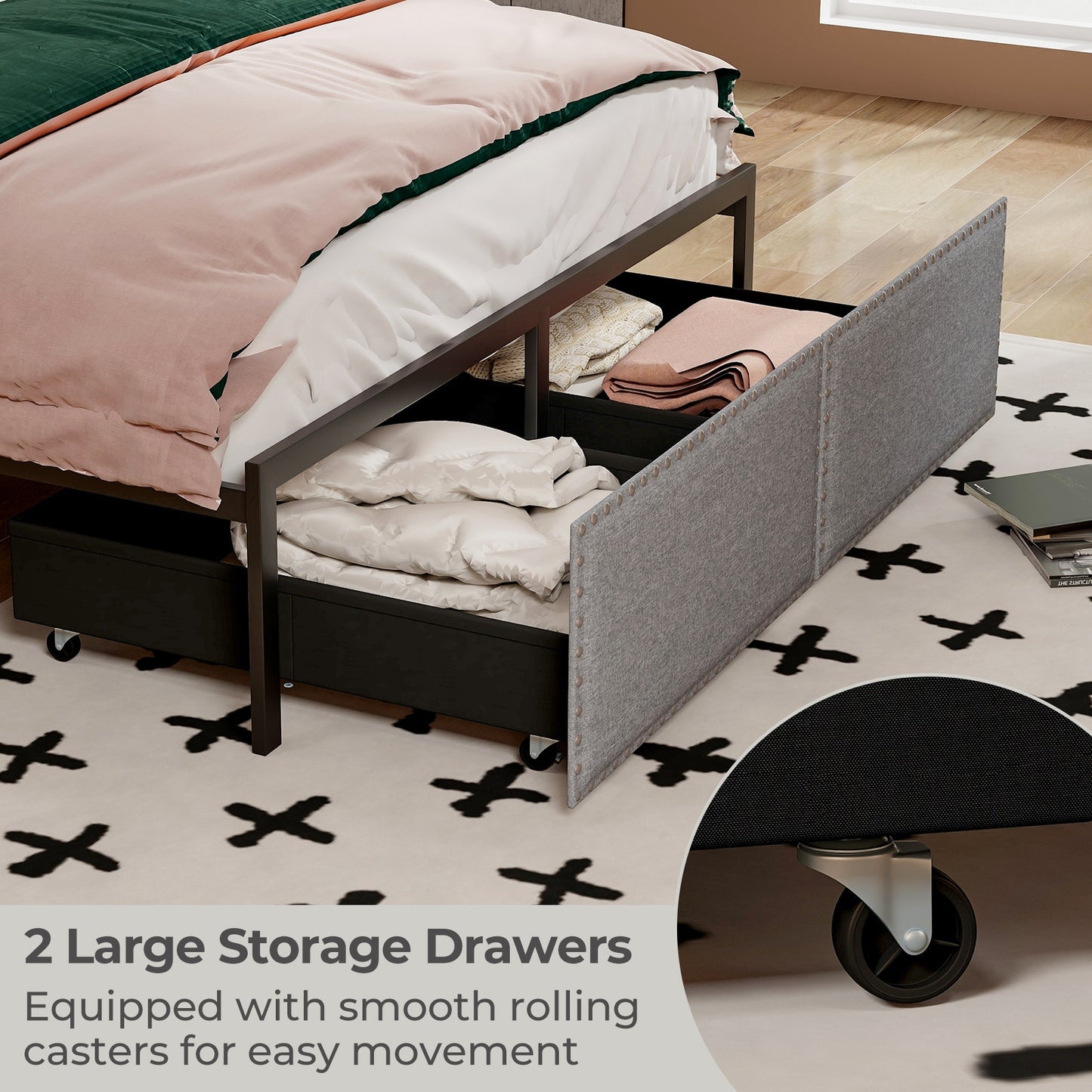 Full Size Bed Frame With LED Lights, Drawer, Metal Slats, Gray Simple Bed Frame at Gallery Canada