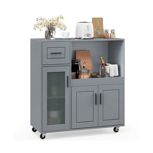 Rolling Kitchen Island with Wheels Drawer and Glass Door Cabinet, Gray
