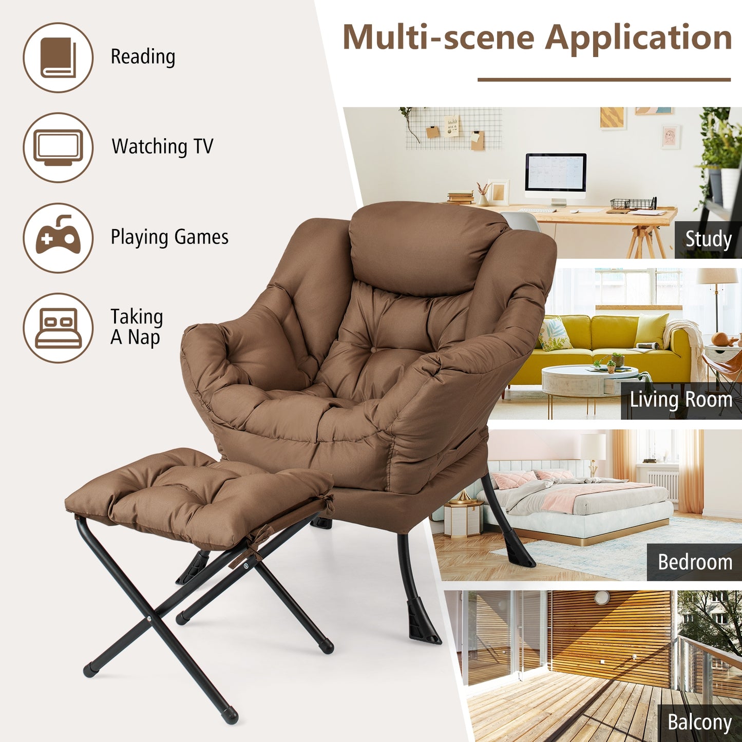 Modern Accent Sofa Chair, With Folding Footrest And Side Pocket, Brown