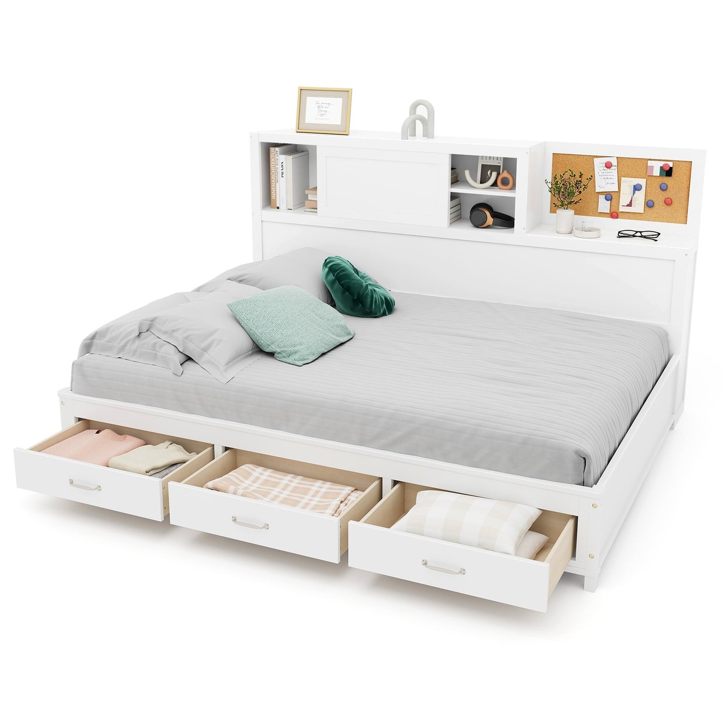 Twin/Full Size Wooden Daybed with 3 Drawers with Storage Shelves-Twin Size, White