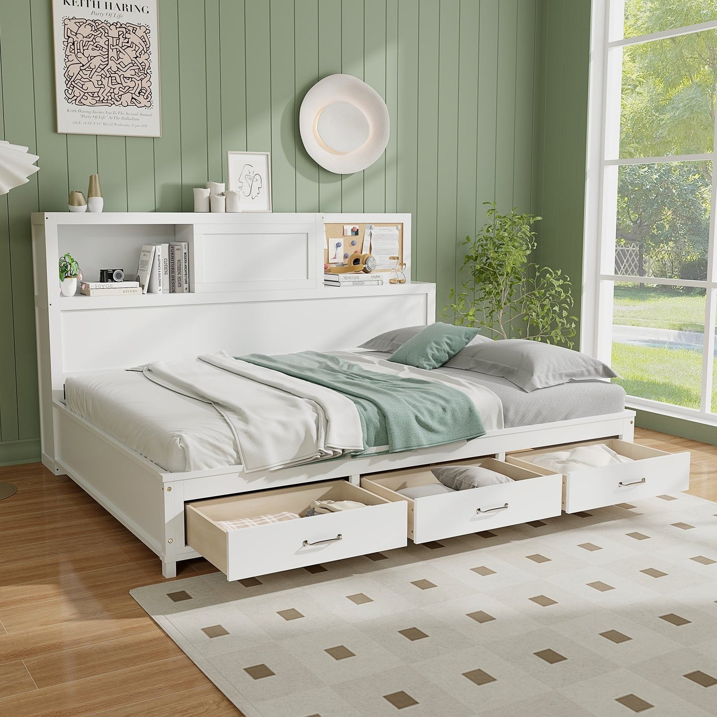 Twin/Full Size Wooden Daybed with 3 Drawers with Storage Shelves-Twin Size, White