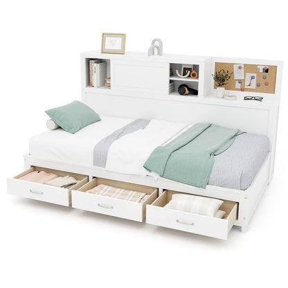 Twin/Full Size Wooden Daybed with 3 Drawers with Storage Shelves-Full Size, White