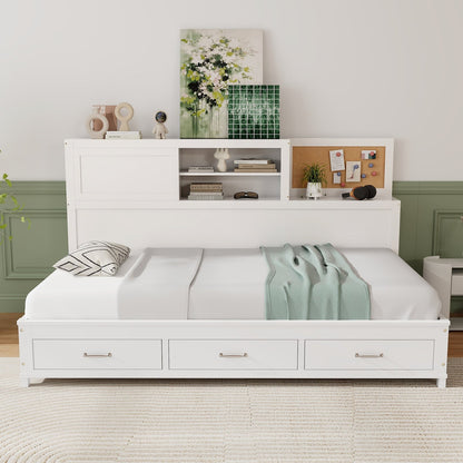 Twin/Full Size Wooden Daybed with 3 Drawers with Storage Shelves-Full Size, White
