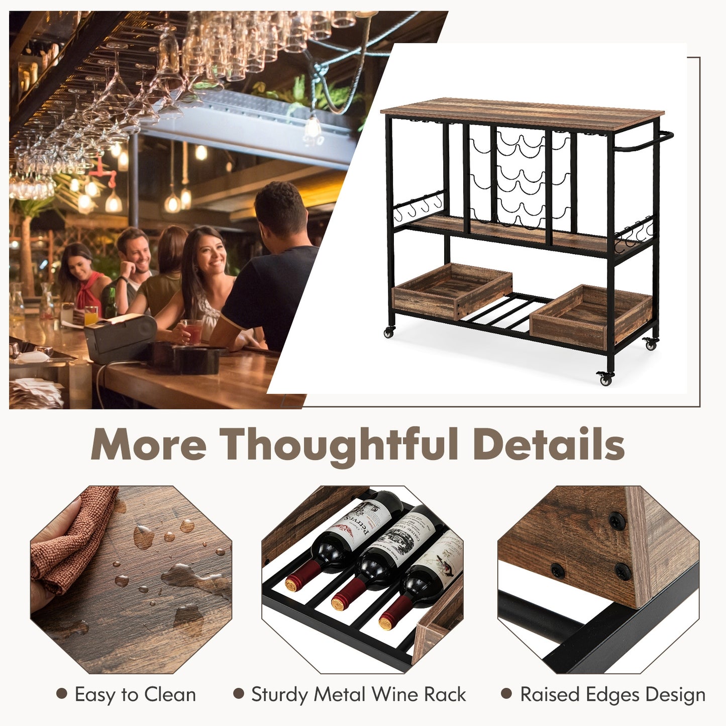 3-Tier Bar Cart On Wheels With Glass Racks, Brown Baker's Racks at Gallery Canada