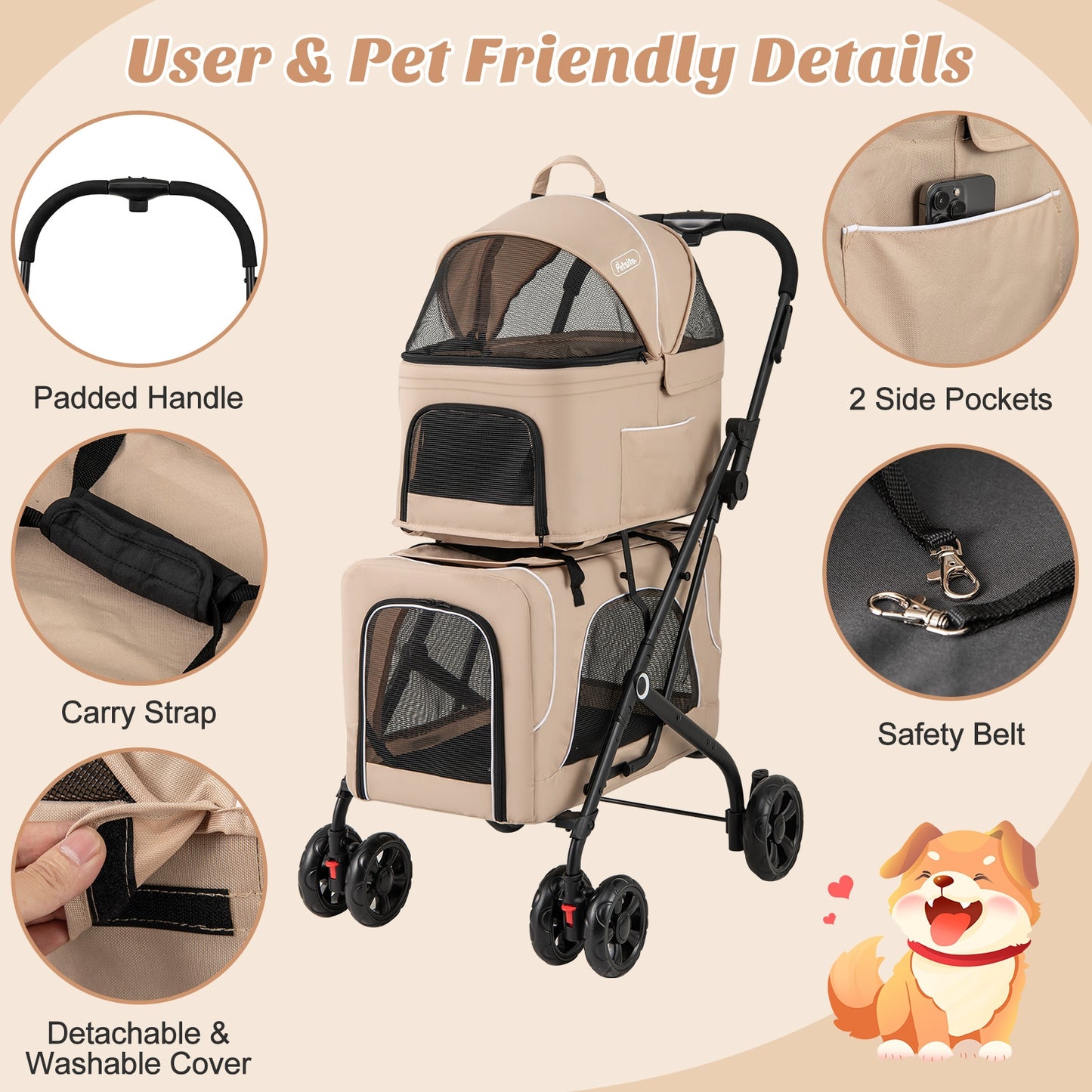 Double Pet Stroller, Foldable 3-in-1, 2 Detachable Carriers, Beige