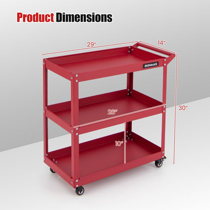 3-Tier Rolling Tool Cart with Spacious Shelves  4 Universal Wheels and 2 Brakes, Red