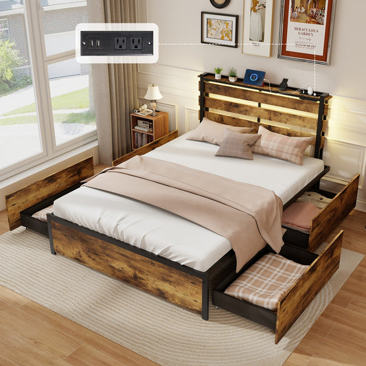 Full/Queen/Twin Size Bed Frame with Drawers LED Lights and USB Ports-Full Size Simple Bed Frame Rustic Brown at Gallery Canada