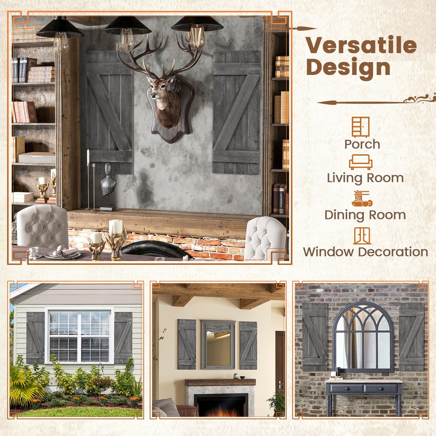 36 x 13 Inch Window Shutters Set of 2, Farmhouse Paulownia Wood, Dark Gray Decorative Accessories at Gallery Canada