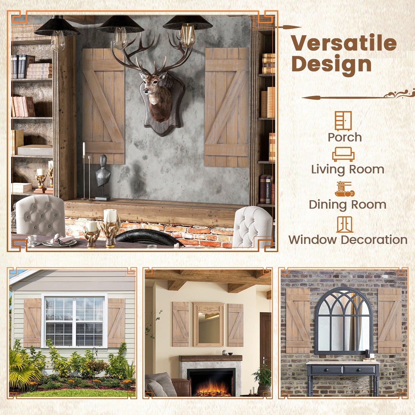 36 x 13 Inch Farmhouse Window Shutters, Set of 2, Light Brown Decorative Accessories at Gallery Canada