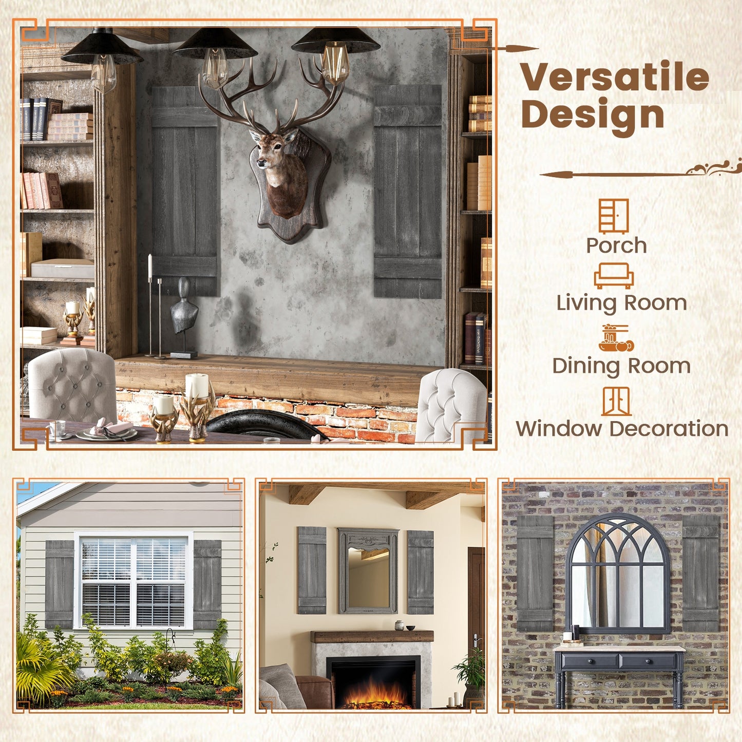 36 x 11 Inch Farmhouse Paulownia Wood Window Shutters, Set of 2, Dark Gray Decorative Accessories at Gallery Canada