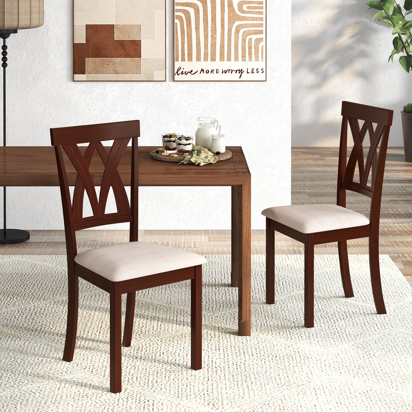 Set of 2 Wood Kitchen Chairs with Faux Leather Upholstered Seat, Beige