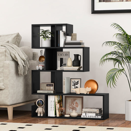 5-Tier S-Shaped Geometric Z-Shelf Bookcase, Black Bookcases Black at Gallery Canada