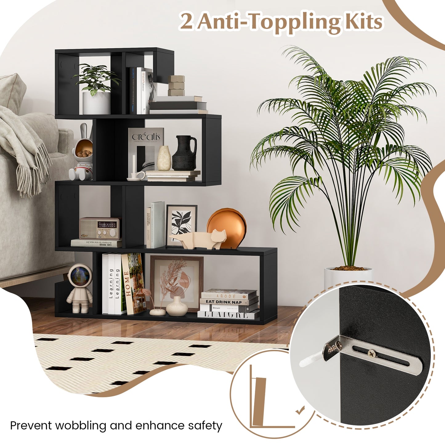 5-Tier S-Shaped Geometric Z-Shelf Bookcase, Black Bookcases at Gallery Canada