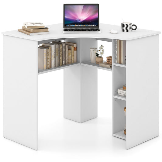 Corner Computer Desk Triangle Home Office Desk with Adjustable Shelf and Arc-Shaped Profile, White
